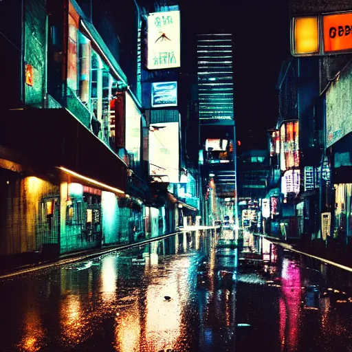 Image similar to a city street at night, raining, photograph, cars on the road, cyberpunk