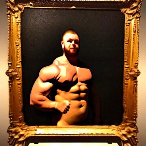 Prompt: subject: forkman with fork head is oversized is muscular is powerlifter is flexing muscles in medium shot backlight portrait, style: very heavy textured rembrandt oil painting with dramatic light