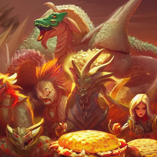 Image similar to Tiamat guarding a pile of cheeseburgers, dungeons and dragons, wizards of the coast, trending on art station, maximum detail, HD, cinematic