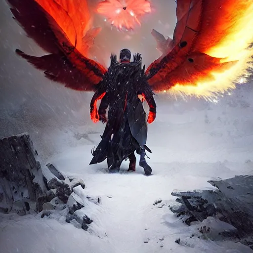Prompt: a cambion with batlike wings unfurled, stepping into a snowy clearing through a circular, fiery magical portal from hell, fantasy art by greg rutkowski