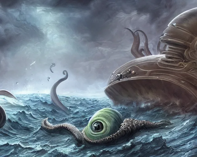 Image similar to concept art trending on art station detailed matte painting of the nautilus submarine being attacked by a kraken with cthulhu like wings, tentacles, dramatic, 8k, digital art