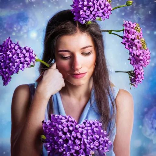 Image similar to a portrait of a romantic woman with flowers grow out of hair, roses peonies forget-me-nots dahlias lupins gladioli, sky theme in background, 35mm Photograph, 4K Resolution, Astrophotography, Digital Art, Trending on artstation