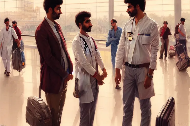 Image similar to Exasperated good looking pale young Indian doctors wearing American clothes chatting at the airport, portrait, elegant, intricate, digital painting, artstation, concept art, smooth, sharp focus, illustration, art by artgerm and greg rutkowski and alphonse mucha