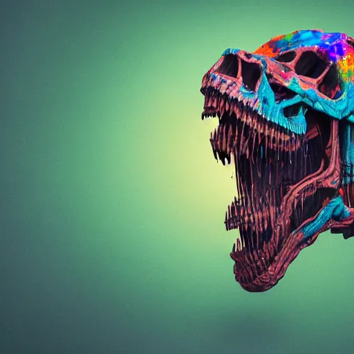 Prompt: t - rex skeleton drinking a giant ipa, intricate complexity, drinking hipster dinosaur, inverted rainbow drip paint, psychedelic glitch art, trending on art station, photoreal, 8 k, octane render