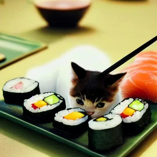 Image similar to realistic photo of a cute cat eating sushi