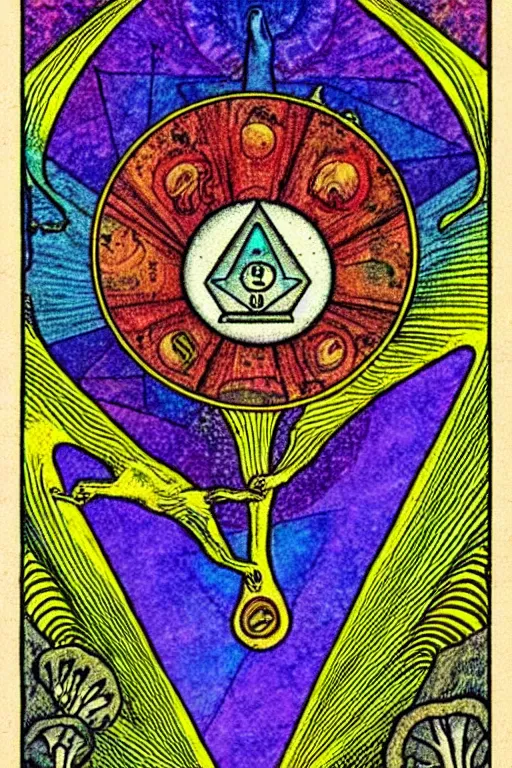 Prompt: a tarot card that reads lsd is good, psychedelic, old, paper texture, da vinci code, geometry, mushrooms