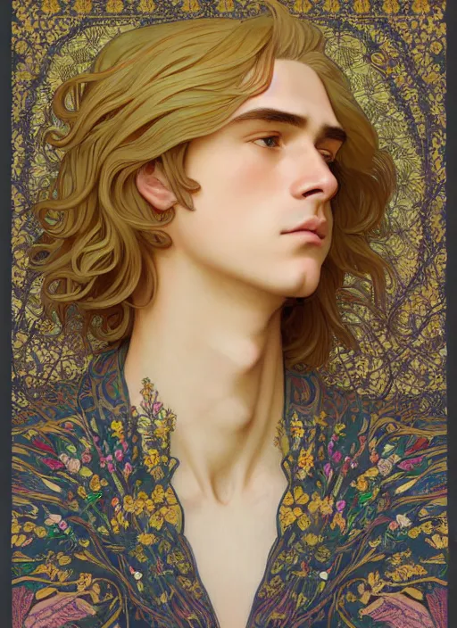 Image similar to pretty young man with shoulder length shiny shimmering golden blond hair, half body shot, decorative flower patterned background, path traced, highly detailed, high quality, digital painting, by studio ghibli and alphonse mucha, leesha hannigan, hidari, disney, jules bastien - lepage