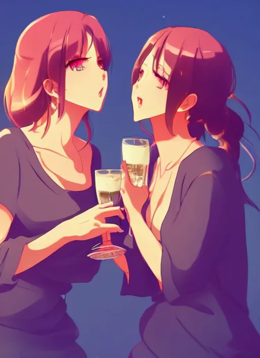 Prompt: two beautiful mothers drinking on a hot summer evening, summer clothes, gorgeous faces, thick lines, cinematic lighting, detailed anime art