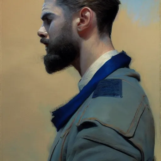 Prompt: detailed cinematic wide shot of muscular attractive young man wearing navy clothing beard slim face symettrical face clean skin blue eyes white hair, ultra realistic, spring light, painting by gaston bussiere, craig mullins, j. c. leyendecker