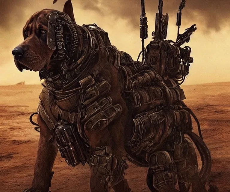 Image similar to a good ol'bloodhound dog fursona ( from the furry fandom ), heavily armed and armored facing down armageddon in a dark and gritty version from the makers of mad max : fury road. witness me.