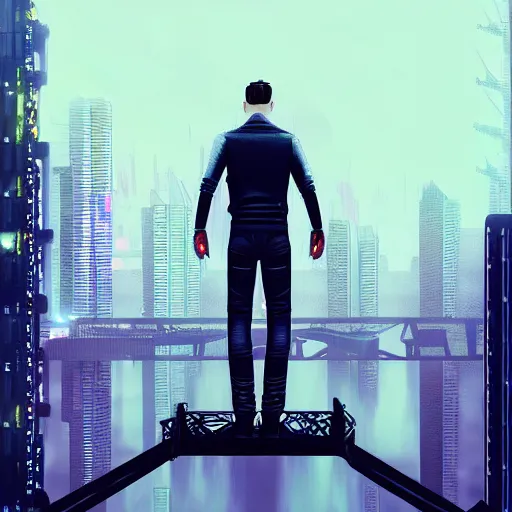 Image similar to a man standing on top of a bridge over a city, cyberpunk art by vincent lefevre, behance contest winner, altermodern, cityscape, synthwave, matte painting