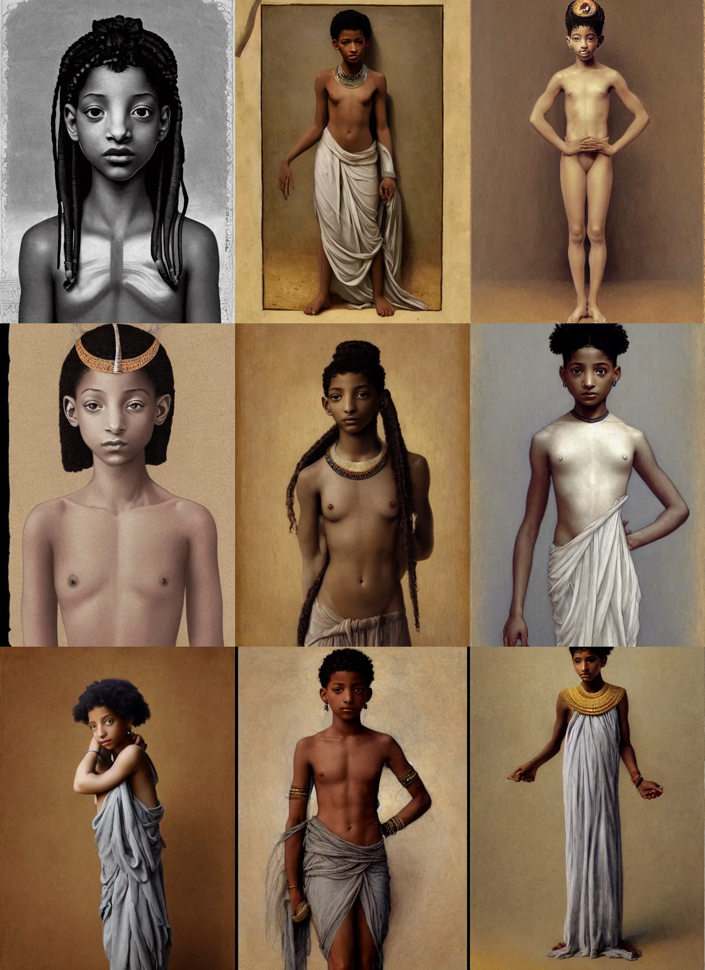 Prompt: willow smith as young egyptian girl, full body, symetrical, grey background, intricate, sharp focus, illustration, orientalism, bouguereau, rutkowski, jurgens