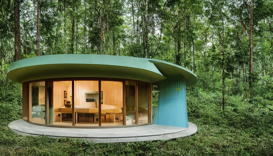 Image similar to A wide image of an eco-community of innovative contemporary 3D printed prefab sea ranch style cabin with rounded corners and angles, beveled edges, made of cement and concrete, organic architecture, in a lush green forest Designed by Gucci, Balenciaga, and Wes Anderson, golden hour