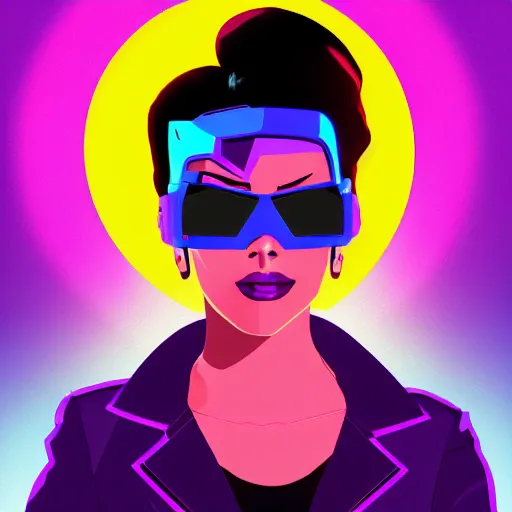 Prompt: 3 / 4 view closeup portrait of sombra from overwatch with light blue shutter shades in front of a sunset, a dark purple leather jacket, one side brown haircut with blue tips on the end, vector art by jan tengnagel, pixabay contest winner, retrofuturism, retrowave, synthwave, outrun, portrait, synthwave