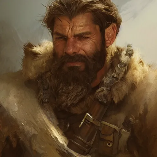 Image similar to portrait of a rugged ranger, muscular, upper body, hairy torso, D&D, fantasy, intricate, cinematic lighting, highly detailed, digital painting, artstation, concept art, smooth, sharp focus, illustration, art by Artgerm and Greg Rutkowski and Alphonse Mucha
