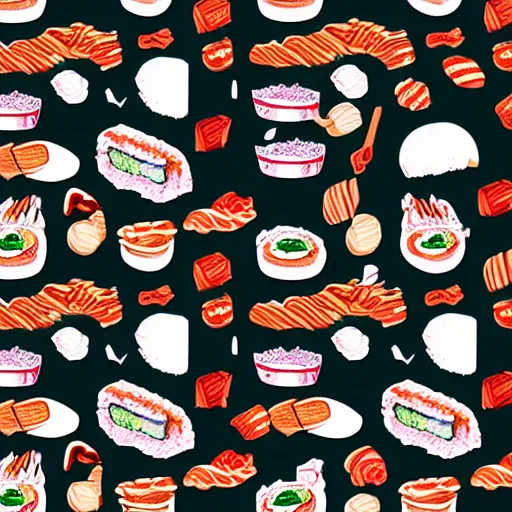 Image similar to japanese food print pattern of onigiri, sushi, and ramen. cute illustration. hand drawn. digital art.