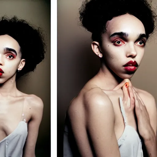 Prompt: realistic! photoshoot for a new heliot emil lookbook, color film photography, starring fka twigs, in style of tyler mitchell, 35mm