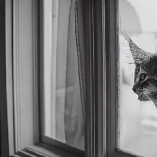 Image similar to view from the back of a backlit maine coon kitten gazing out a sunny window on a warm day. outside there are pretty flowers. 3 5 mm, f / 1 1. 0, is 1 0 0