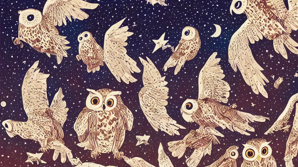 Prompt: very detailed, ilya kuvshinov, mcbess, rutkowski, watercolor quilt illustration of owls flying at night, stars, colorful, deep shadows, astrophotography, highly detailed, wide shot