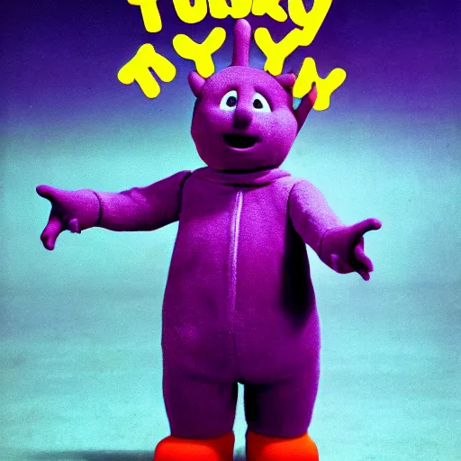 Image similar to tinky winky eating tubby custard, horror, creepy, teletubbies lost creepy spooky bloody episode, realistic,