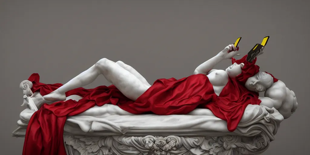 Prompt: baroque delicate full-body marble sculpture of reclining handsome horned teenage demon-boy laying back on a bed while checking notifications on a phone, red silk flowing fabric, marble white columns, Trending on artstation, octane render, cinematic, hyper realism, octane render, 8k, depth of field