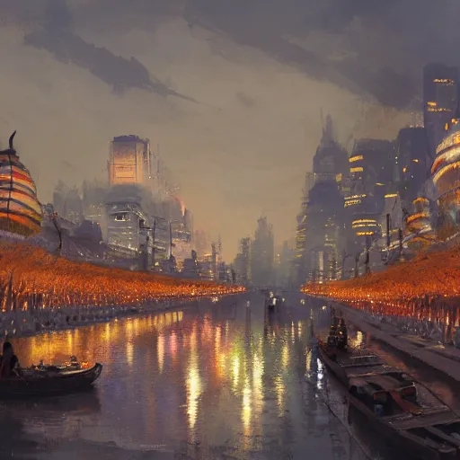 Image similar to concept art, river lanterns on the eve of ullambana festival, high resolution, by james gurney, king sejong, yi jeong, yi jing, artstation