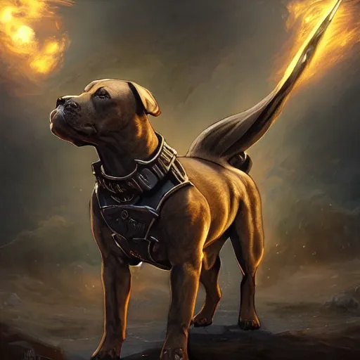 Prompt: Staffordshire bull terrier Dog, battle armour, Anthropomorphized, casting epic spell, magic the gathering artwork, D&D, fantasy, cinematic lighting, centered, symmetrical, highly detailed, digital painting, artstation, concept art, smooth, sharp focus, illustration, volumetric lighting, epic Composition, 8k, art by Akihiko Yoshida and Greg Rutkowski and Craig Mullins, heroic pose, oil painting, cgsociety, magic lab background