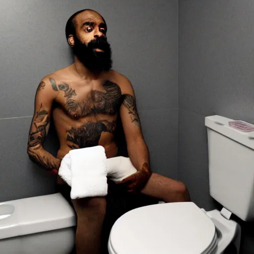 Prompt: MC Ride on the toilet in the bathroom