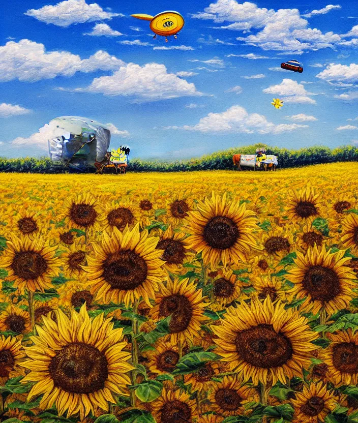 Image similar to a highly detailed painting of a sunflower field and an ufo abducting a cow, very fine brush strokes, baby blue sky with aesthetic clouds, 4 k,