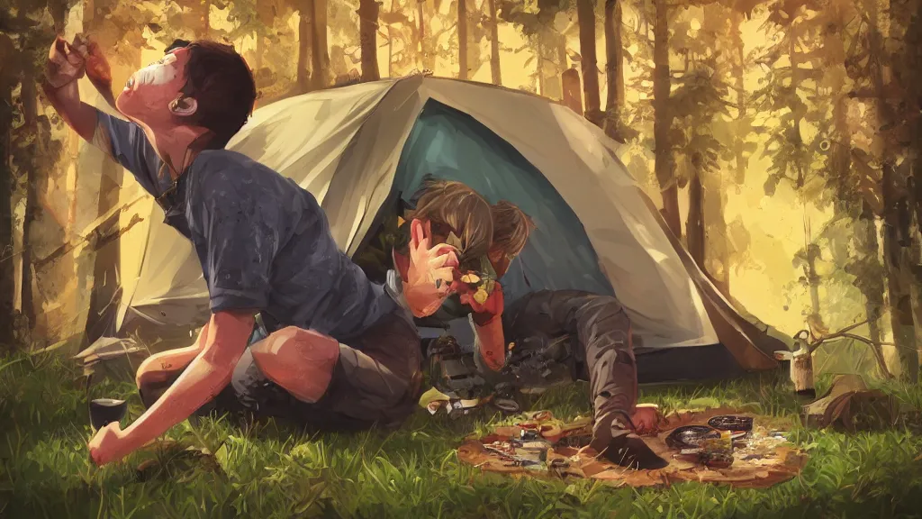 Prompt: an illustration of a drunk teenage kid on a camping, covered in vomit, parents standing outside angry, fisheye lens, high contrast, highly detailed, sharp focus, digital painting, 3 d art, illustration, trending on artstation,