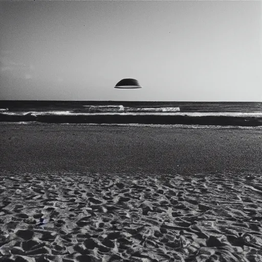 Image similar to “A UFO at the beach, dreamcore aesthetic, taken with a Pentax K1000, Expired Burned Film from 1930s, Softbox Lighting, 85mm Lens”