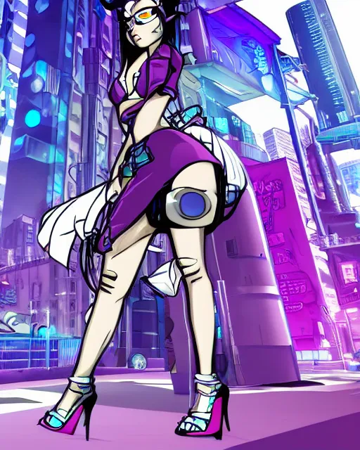 Image similar to cel shaded art of a pretty blue haired girl standing next to a purple lamborghinil, jet grind radio graphics, cyberpunk city street background