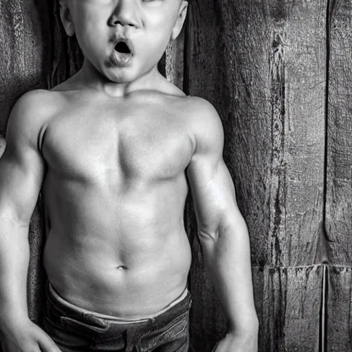 Image similar to huge muscles bodybuilder toddler, angry, ready to fight, 2 years old, barrel chested, rippling muscles, huge veins, bulging muscles, ripped, award winning photography, high detail