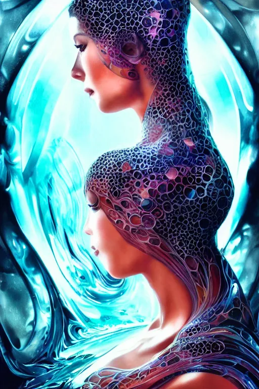 Prompt: a centered profile render of an alluring futuristic goddess with digital modifications surrounded by a underwater ink pour and flowing liquid gallium and complex sacred geometry, perfect body and face, powerful, cinematic, beautifully lit, by artgerm, by karol bak, 3 d, trending on artstation, octane render, 8 k