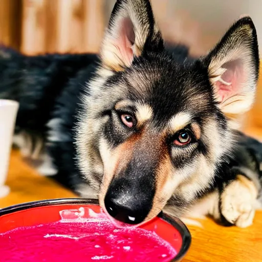 Image similar to german shepard husky mix drinking a bowl of red koolaid