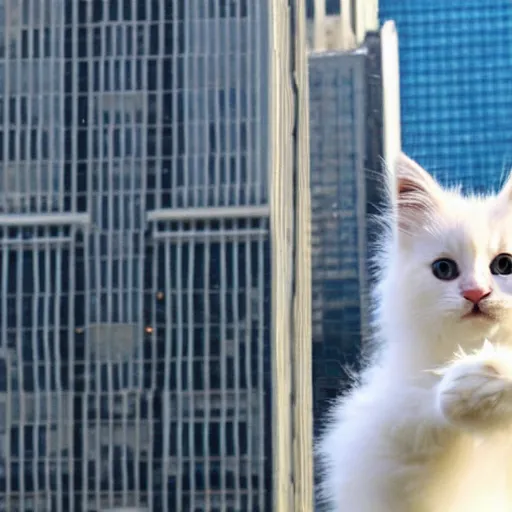 Prompt: an enormous adorable fluffy white kitten playfully destroying skyscrapers in Manhattan