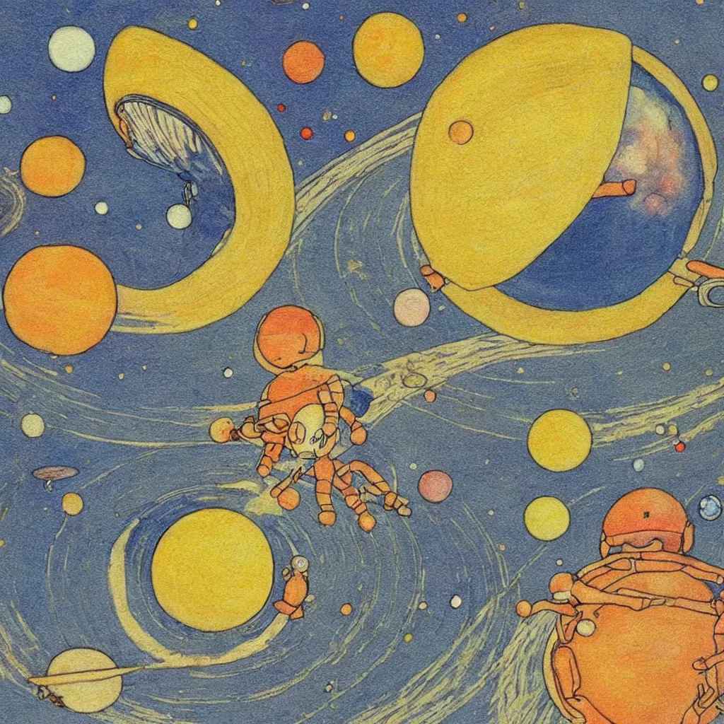 Image similar to saturn, cute, art print, full frame, solar system, lithography, baby room, by elsa beskow