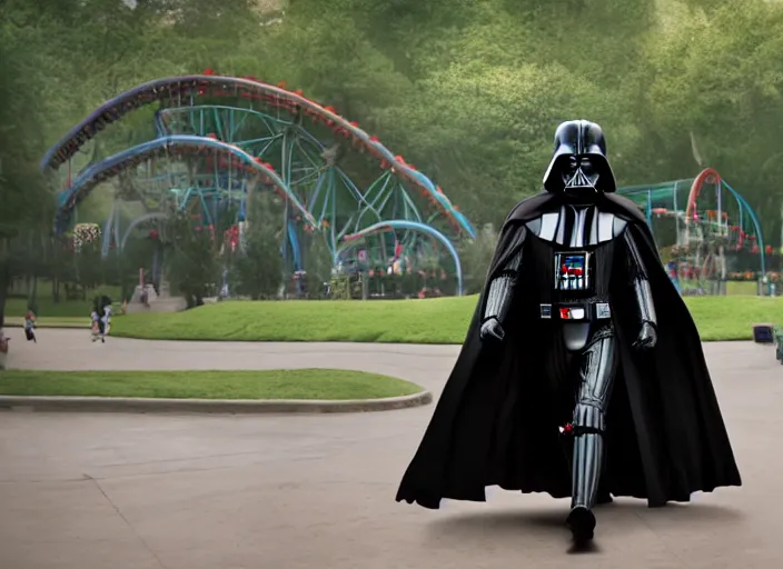 Image similar to film still of Darth Vader goes to an amusement park in the new Star Wars movie, 4k