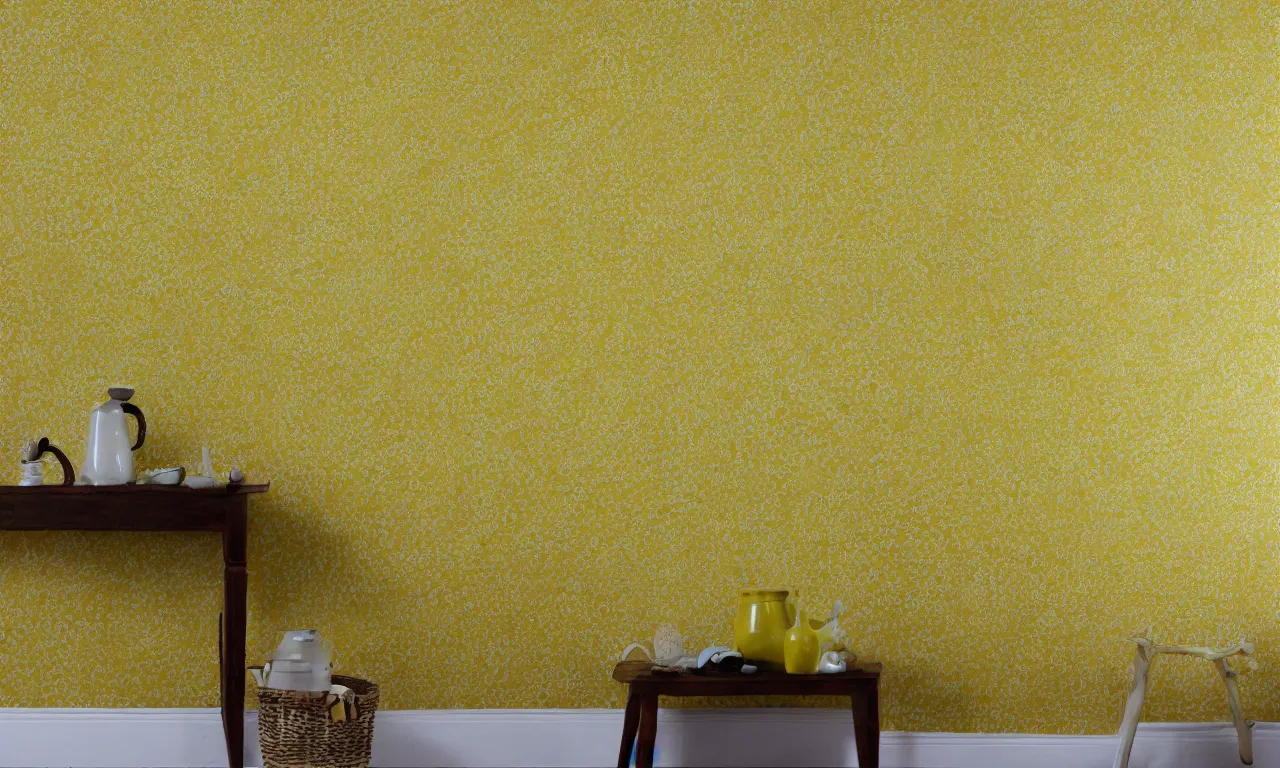 Prompt: mono yellow wallpaper with damp carpet sort of damaged