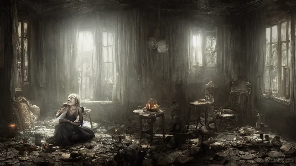 Prompt: a witch with white eyes sitting in the shadows on the inside of a decrepit cottage at night, highly detailed interior, by Bastien LeCouffe-Deharme, hyperrealistic, Cryengine 8k UHD