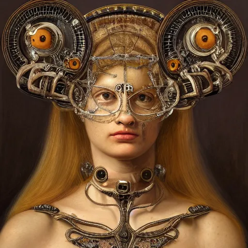 Image similar to renaissance oil painting, very beautiful woman integrating with technology, full face frontal centered, portrait, insipiring, detailed intricate ornate cables connected to head, big open electric eyes, luxurious detailed abundent wiring and implants, diamonds, sci-fi, neon, emeralds, detailed technology full background, highly detailed, artstation, Rene Lalique and Eddie Mendoza and Gil Elvgren