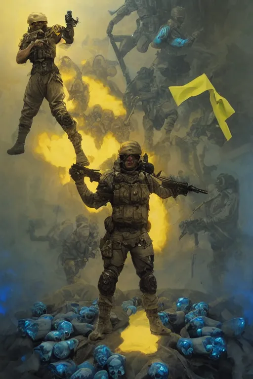 Image similar to special forces soldier with ukrainian blue yellow flag standing on a pile of skulls as a winner, masculine figure, d & d, fantasy, bright atmosphere, volumetric lights, intricate, elegant, extremely detailed, digital painting, artstation, concept art, matte, smooth, sharp focus, hyper realistic, illustration, art by artgerm and greg rutkowski and alphonse mucha