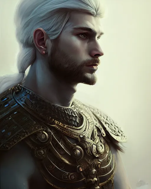 Prompt: male portrait, handsome, detailed white long hair, intricate warrior armor, fullbody, by godessmechanic ilya kuvshinov, peter mohrbacher, greg rutkowski, dramatic lighting, intricate, highly detailed, deviant art, sharp focus, luminous, blender, deviant art, masterpiece, ray tracing