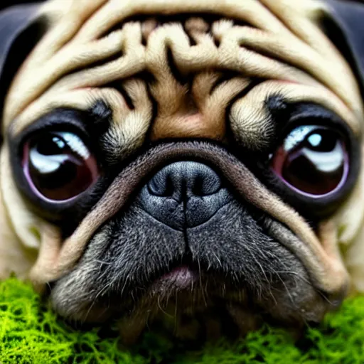 Image similar to closeup of a pug with moss growing out of its face folds, macro photography, overgrown pug, high resolution photo, trending on artstation