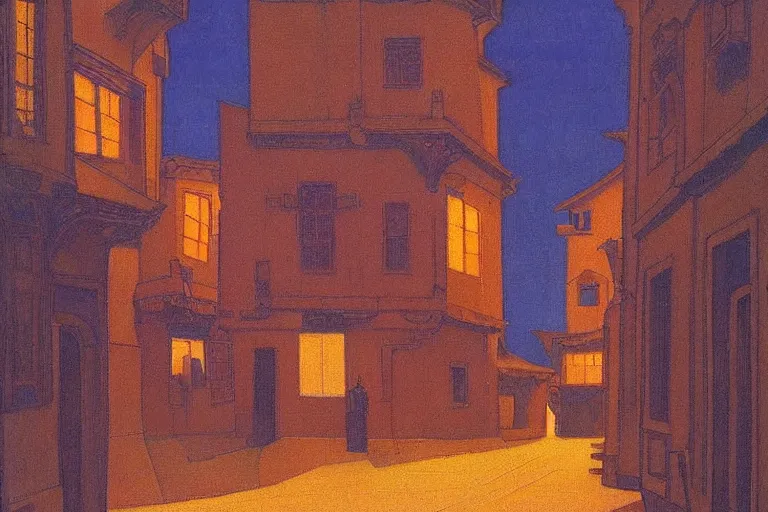 Image similar to winding street at twilight in a very old city by George Price Boyce and Nicholas Roerich and jean delville, glowing paper lanterns, strong dramatic cinematic lighting , ornate tiled architecture, lost civilizations, smooth, sharp focus, extremely detailed