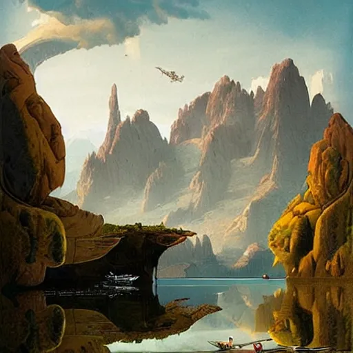 Image similar to a mountain lake landscape with futuristic vehicles in the style of Dr. Seuss, luxury, painting by Raphael Lacoste