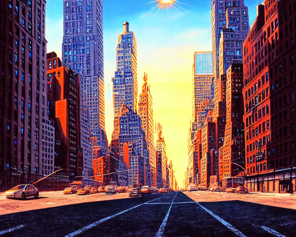 Image similar to new york in the future, city streets, golden hour, perspective artwork, photorealism