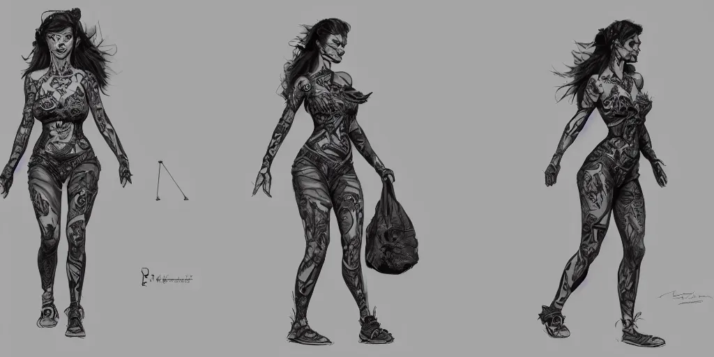 Prompt: tattooed woman walking cycle, character sheet, fine details, concept design, contrast, brigitte bardot, kim jung gi, greg rutkowski, trending on artstation, 8 k, full body, turnaround, front view, back view, ultra wide angle