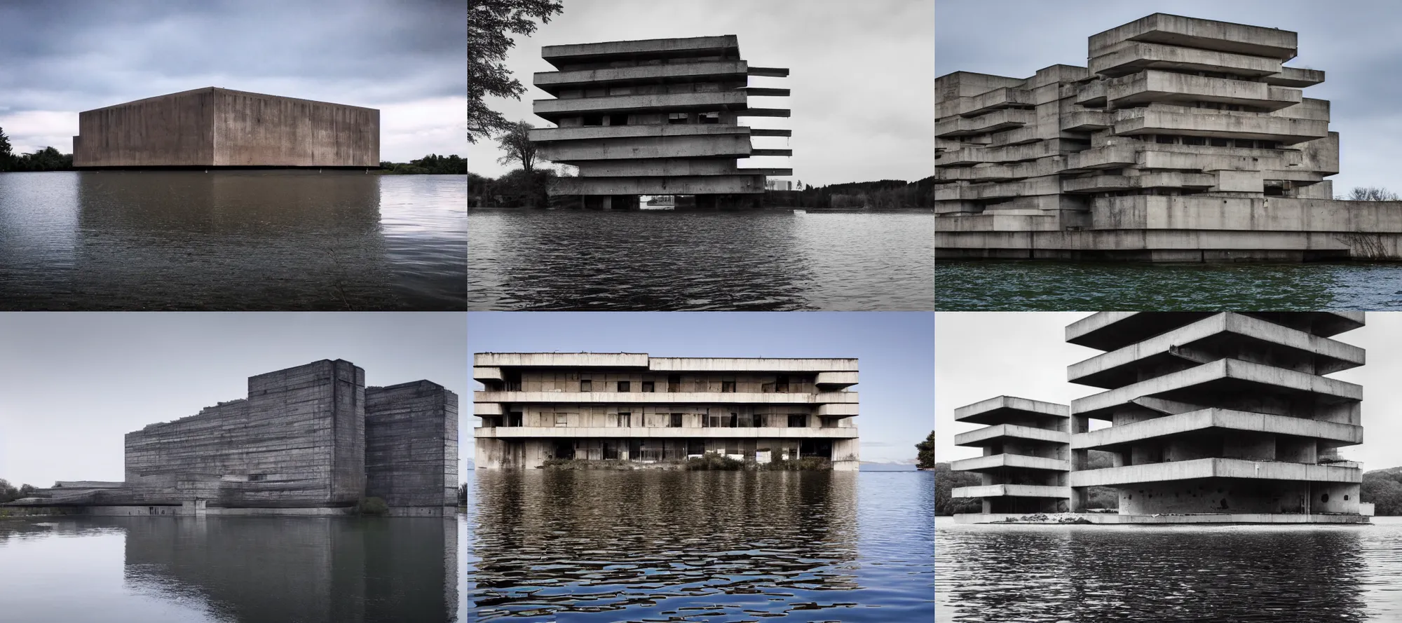 Prompt: Brutalist building on a lake