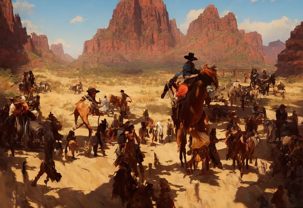 Image similar to greg manchess painting of wild west scenery in the year 1 8 5 0, painting, trending on artstation, by huang guangjian and gil elvgren and sachin teng